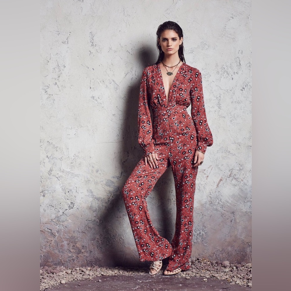 Free People Lisa Some Like it Hot Jumpsuit Floral Rust Combo